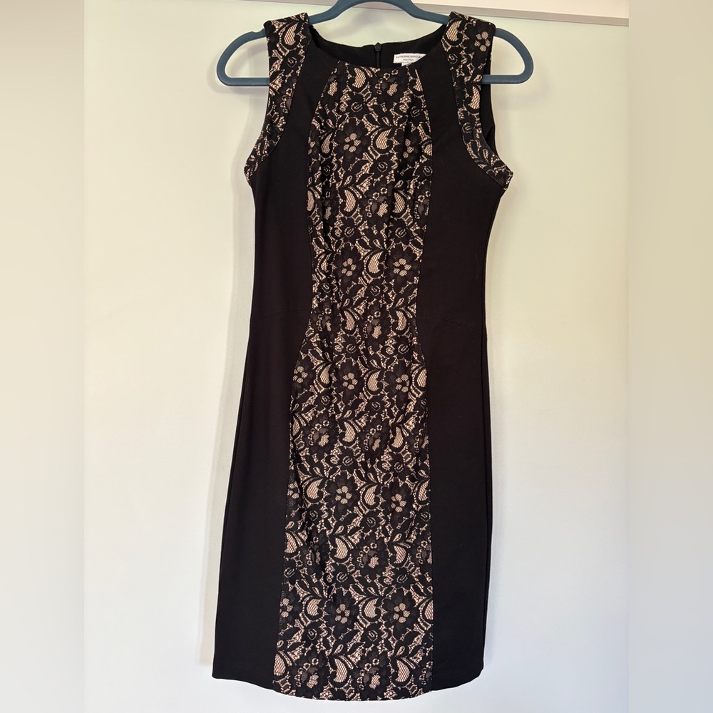 Katherine Barclay Black and Tan Sheath Midi Dress